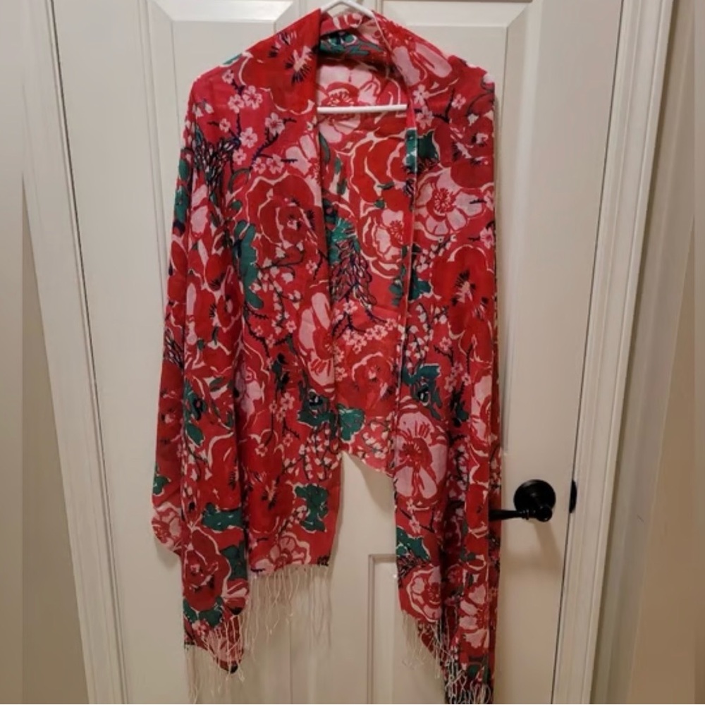 Lilly Pulitzer Pink Green Floral Cashmere Silk Large Fringe Scarf - Picture 2 of 6
